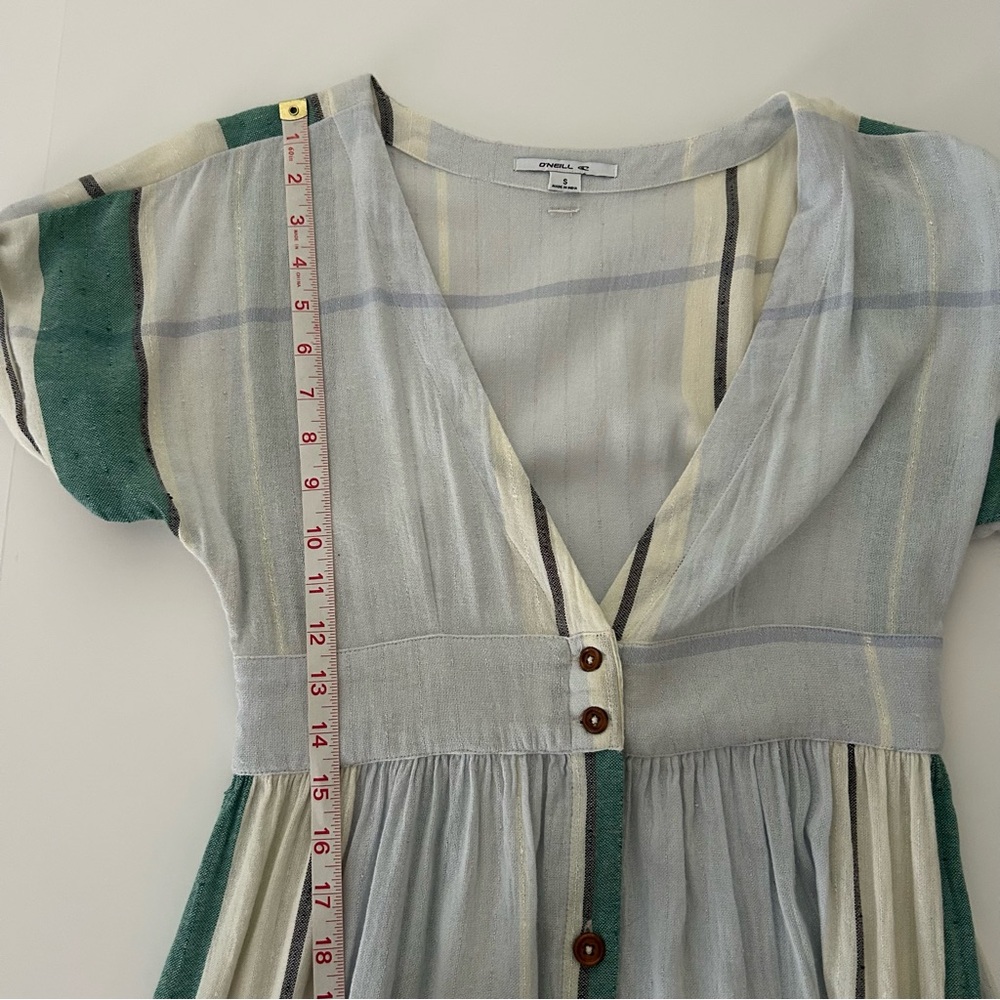 Oneill Reid Multi Striped White Green Button Up Plunge V-Neck Midi Dress Small - Picture 10 of 15